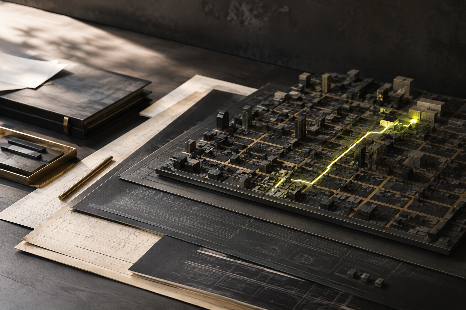 Architectural plans and a glowing route through a modern city model